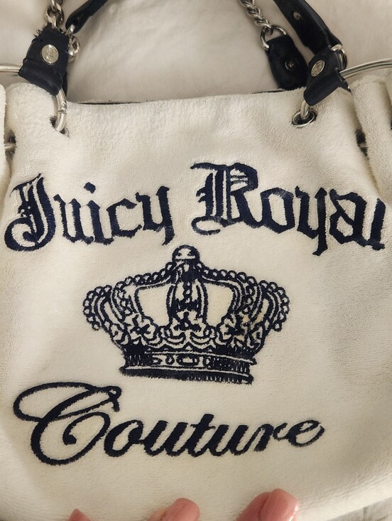 Juicy Couture Handbags - Juicy Couture Terry Cloth Bag With Leather Handles White Navy No Bag Charm